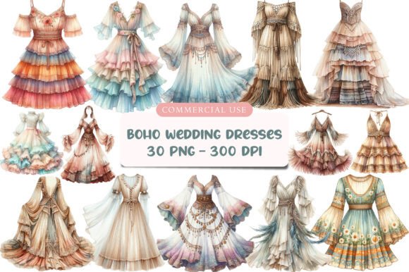 Elegant Watercolor Boho Wedding Dresses Clipart for Creative Projects