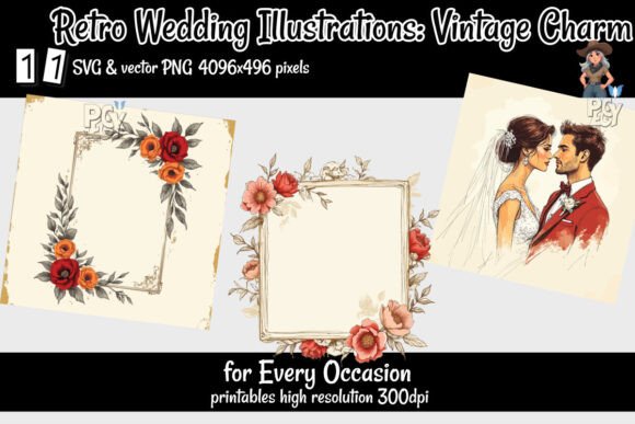 Enchanting Vintage Nuptials: A Digital Illustration Collection